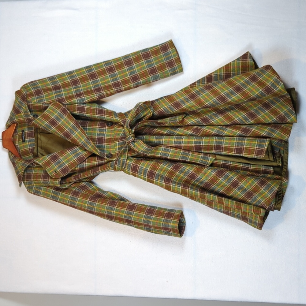 Green Plaid Retro 100% Wool Flared Trench Coat M